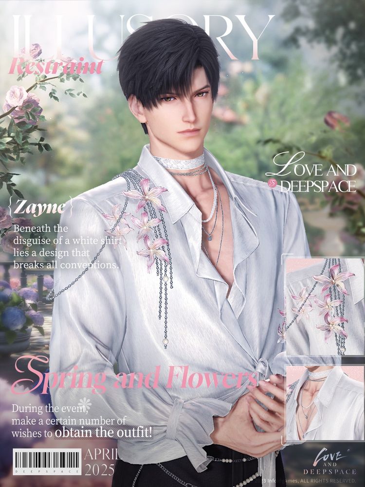 Love and Deepspace spring event card for Zayne. Zayne is a 6'1" / 186cm tall 27-year-old well-built man. He has black hair, hazel green eyes, and typically remains stoic in expression. He's wearing a white shirt with floral detailing. 