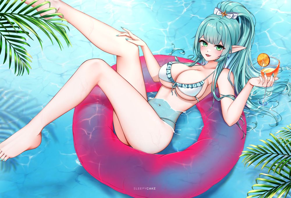 Sonada VTuber in a scant bikini lounging in a pool.