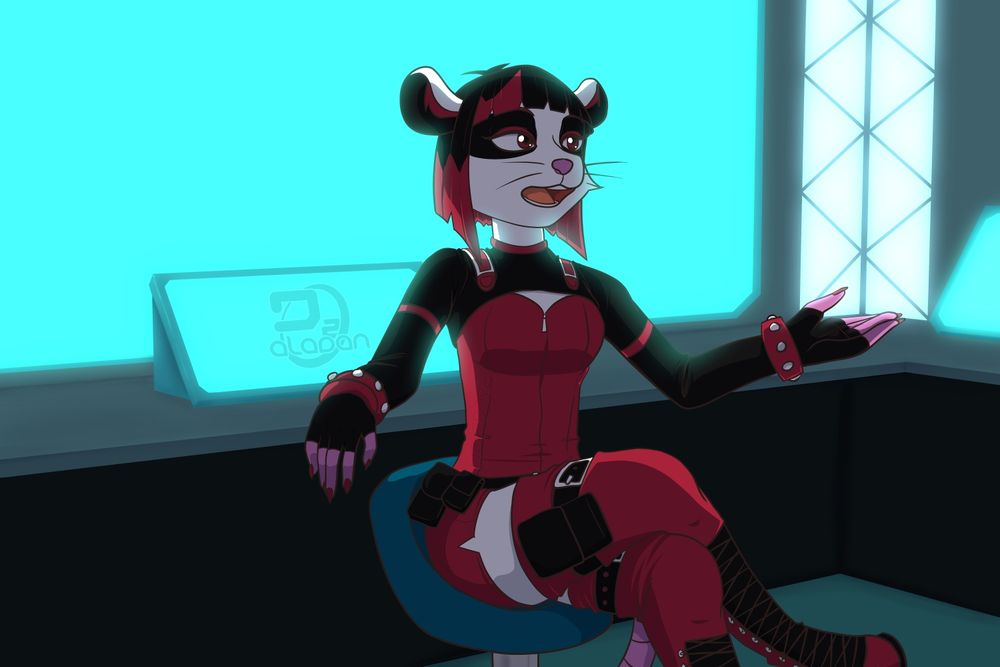 Scene depicting Ruby, a white-furred anthropomorphic female opossum with a black and red color scheme, wearing a tactical red outfit with black accents. Said outfit has thigh-high boots with pockets attached to black belts. Her hair are black with their tips having a red color.

She's seen from a 3/4 view sitting on a chair inside a room with two small monitors and a big monitor, all of them behind her and emitting a light blue glow, which is the only light in the room, resulting in her being mostly shadowed.

Her mouth is open and looking at someone off-screen, right arm is resting on a surface behind her, in front of one the small monitors, while the left arm is extended outwards as if she's gesticulating while explaining. Her legs are crossed.