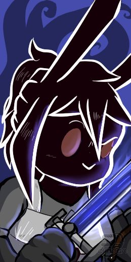 Vertical digital illustration of a 3/4 close-up depicting a rabbit girl with pitch black fur named Edith, with brown oval eyes, a gray armor, and wielding a sword whose blade has a glassy center; said sword is emitting a purple aura, highlighting her partially. She's seen from her right side, looking at the viewer slightly downwards, the eye closer to the camera is normal, while the other one is furrowed. The background is abstract with some simple spirals, made out of two different tones of purple.