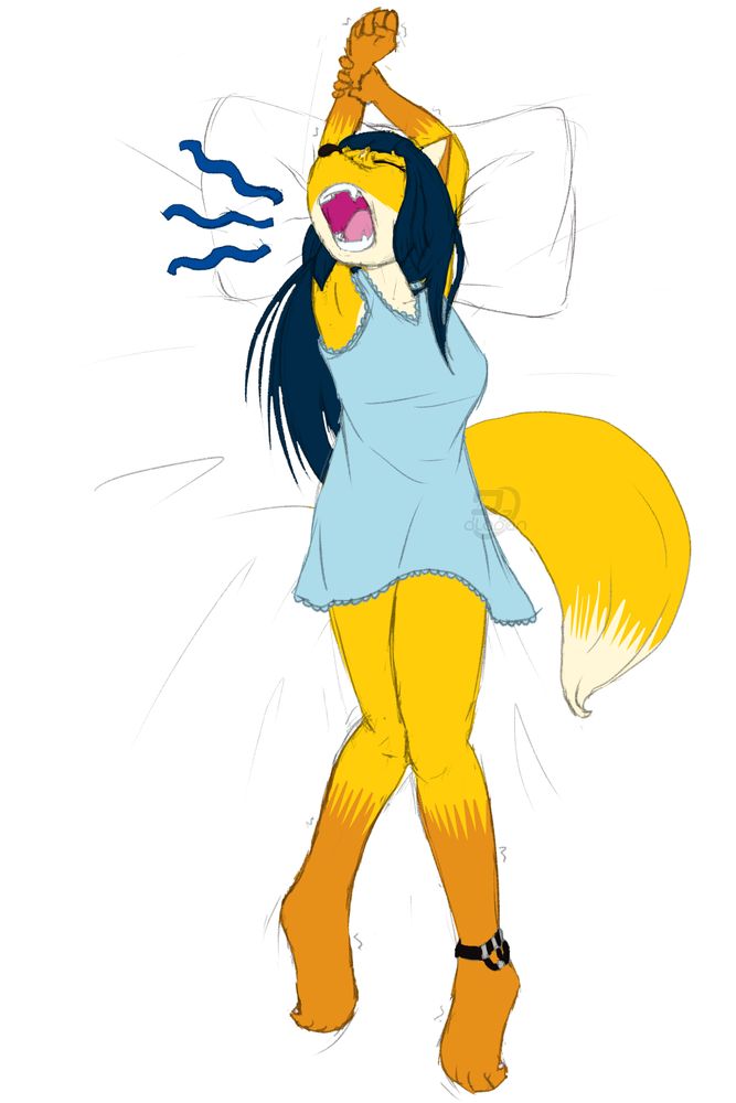 Sketch of an anthropomorphic fox girl named Feliza. She's got a yellow fur with ligher areas on the tip of the tail, around the mouth and her neck; then darker areas around the end of her limbs and on her ears; both patterns form a drop-shaped spot on her forehead; her hair are dark blue, long and dishevelled. She's wearing a light blue one-piece nightgown that stops halfway through her thighs, and a black anklet on her left ankle. She's laying on the bed, stretching by grabbing her right wrist with her left hand, clenching her thighs, and yawning loudly with her mouth wide open showing her teeth with prominent canines. The yawning noise is evidenced by three wavy shapes next to her mouth.