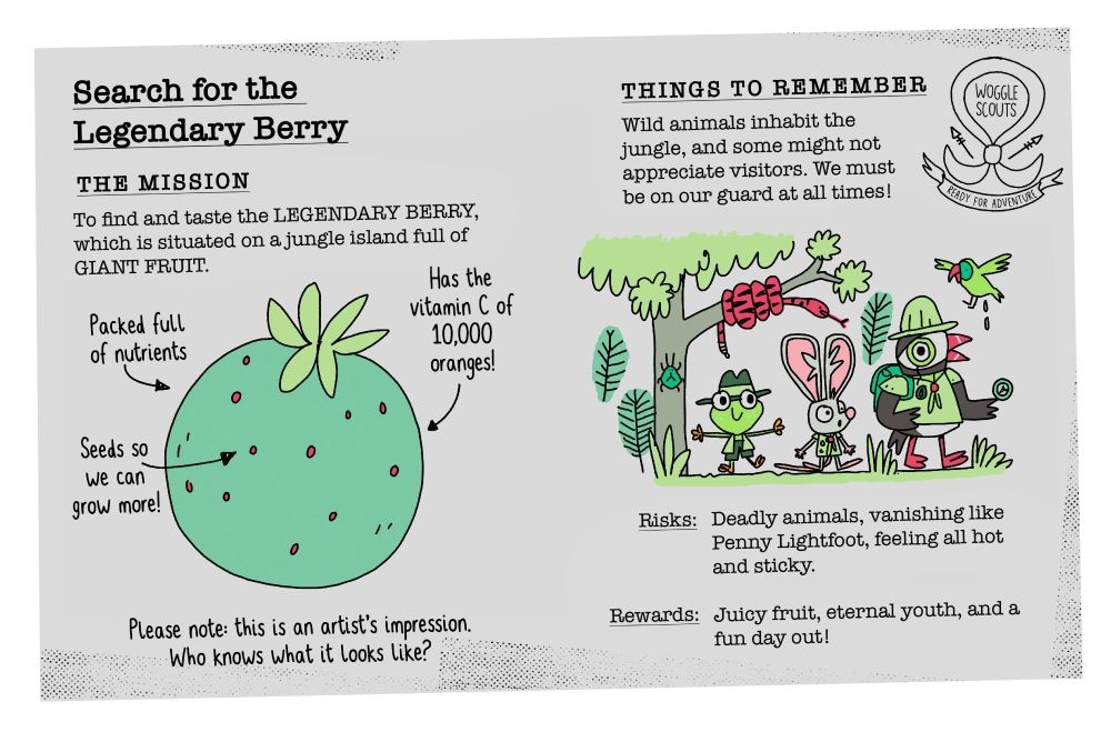 A mission file describing a perilous quest to a hot jungle full of giant fruit to look for a rare berry.
