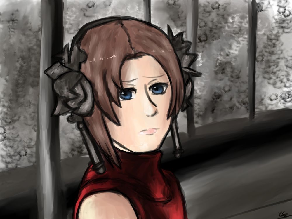 Furiae from Drakengard 1 sadly staring forward as she wears a red dress and hair ornaments.