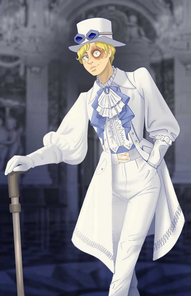 Sabo from one piece, in an illustrative digital style.  He is blonde with slightly curly hair and light skin.  One eye is blue, but the other eye, which is looking at the camera, is white.  This second eye is severely burned, with the eyelid missing.  However, he is looking at the camera with a calm expression.  He is wearing a dapper white suit with a white version of his typical top hat and goggles, and he is leaning against his pipe as if it was a fancy cane.  The background is a blue hued, blurred image of a ballroom.