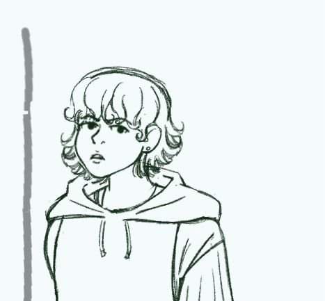 A sketch of a young Latino boy with curly hair and a judgemental expression