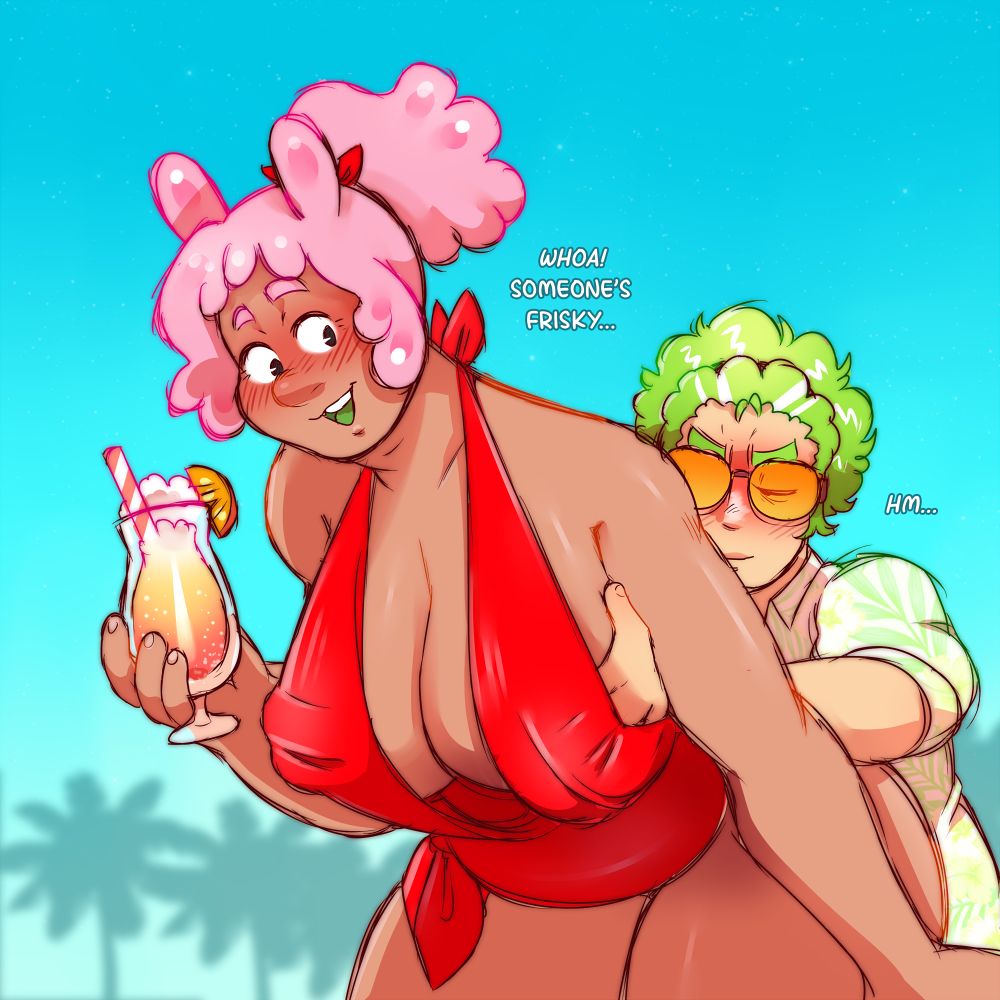 Gummy, wearing a red swimsuit, is getting fondled by Edwin at the beach.