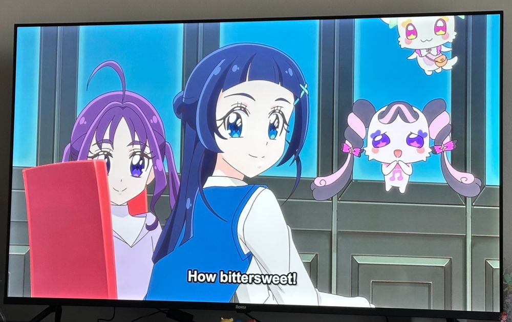 Meroron says “How bittersweet!” as she, Purirun, Kokoro, and Nana look on