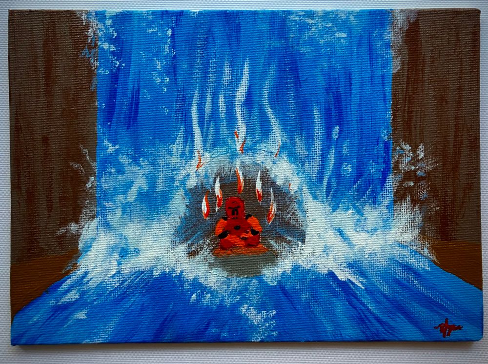 Painting of a waterfall with a red armored man sitting underneath. He is emitting heat so the rock is glowing and the waterfall evaporates before it touches him