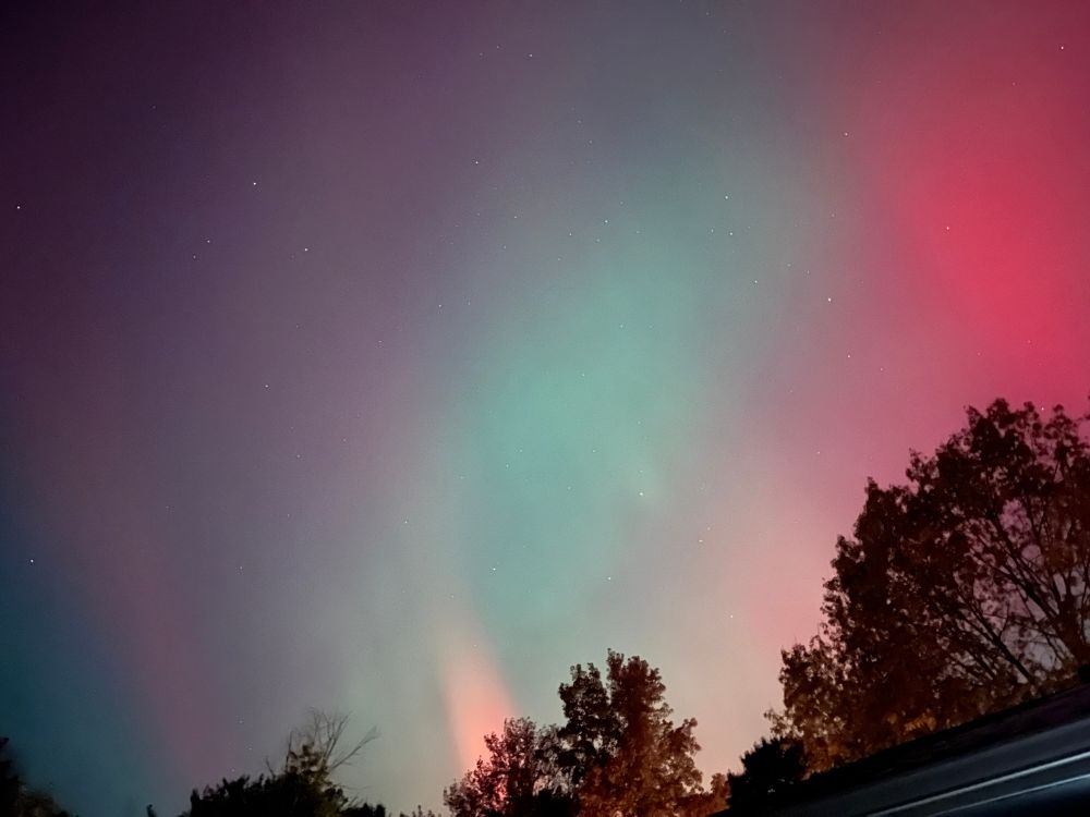 Bright red and greenish aurora in the sky 
