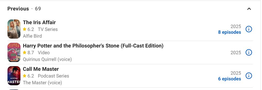 screencap of Sacha Dhawan's IMDB page, showing his latest roles including a voice role on a Harry Potter audiobook 