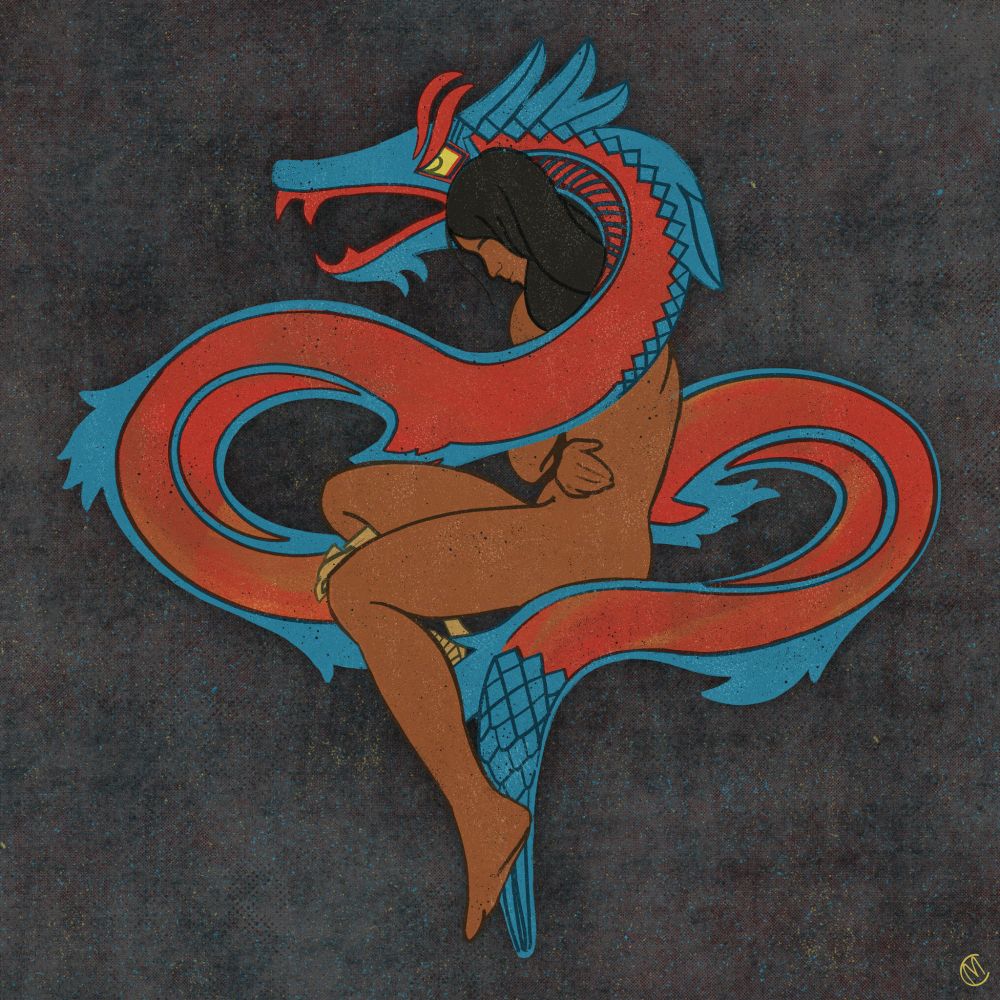 Noisy illustration of the shadow dragon logo twined around Neve's nude form