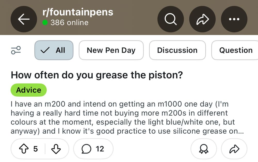 A screen shot of a Reddit thread with the heading “How often do you grease the piston?” 
