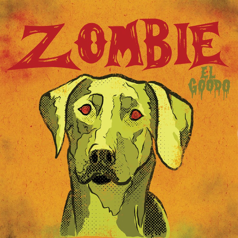 Zombie by El Goodo album cover. The face of a green dog with hypnotised red and yellow spiralled eyeballs is gazing outwards.
