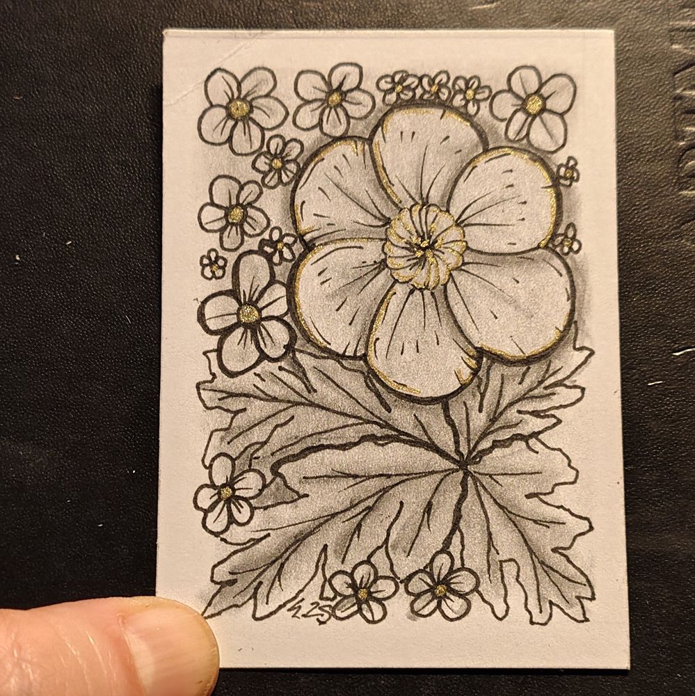 Artist trading card. flowers and leaves. Ink graphite and metallic accents