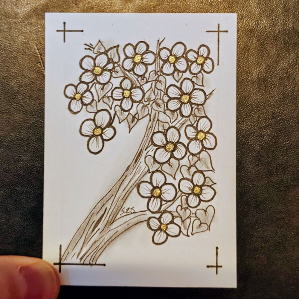 Bough with Flowers. Black ink graphite shading and metallic highlights