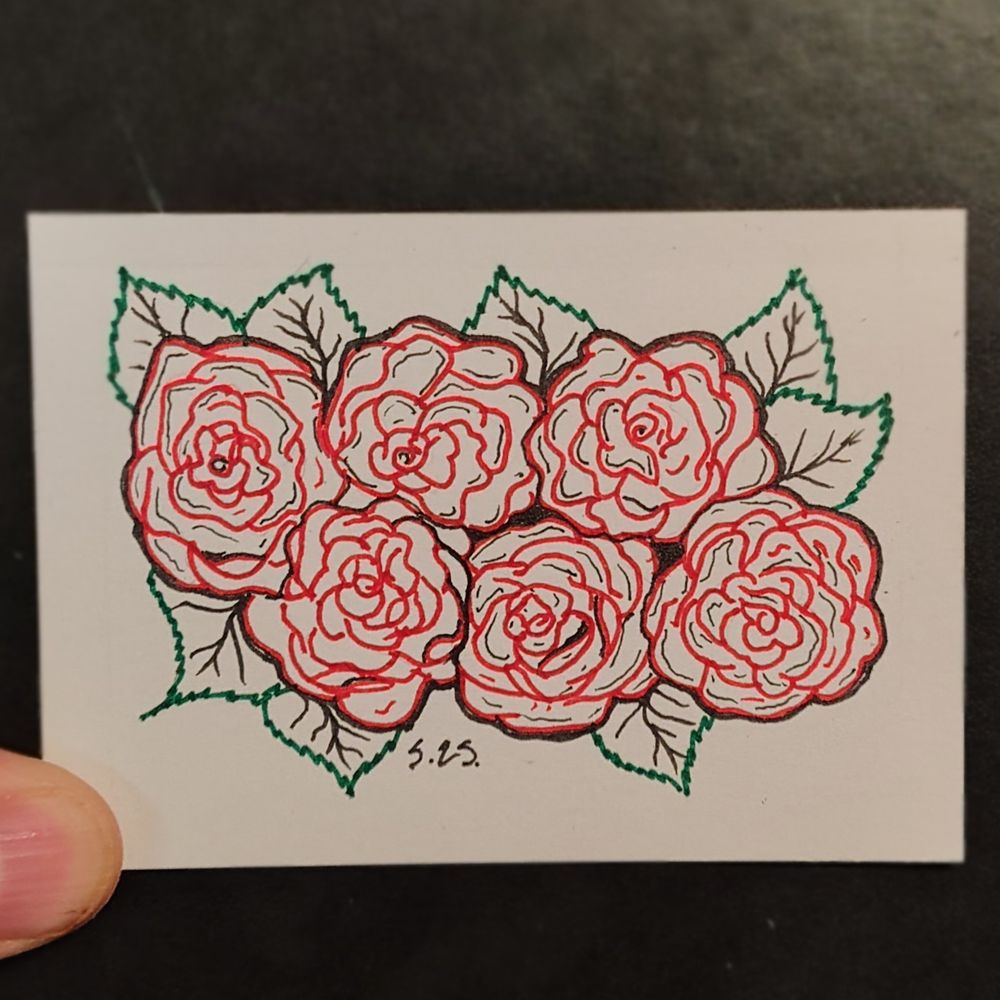 Half a dozen red roses. Fineliner sketch. coloured lineart 