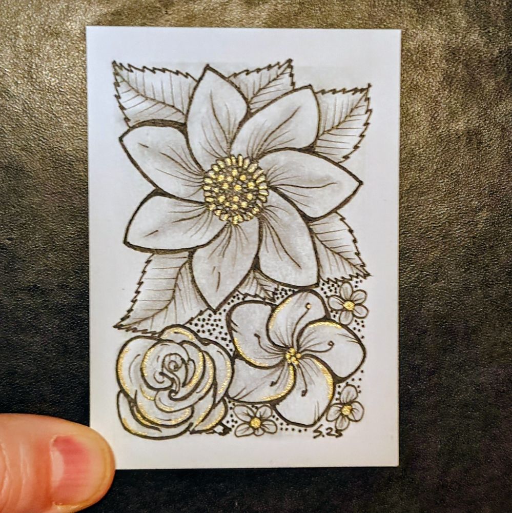 Flowers. Black ink graphite shading and metallic highlights