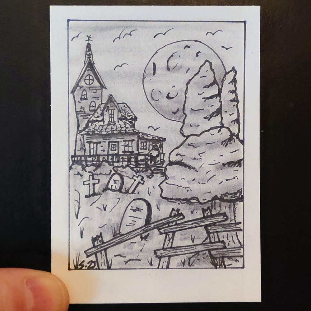 A moonlight scene. A creepy house and graveyard.  Ink sketch with graphite shading.