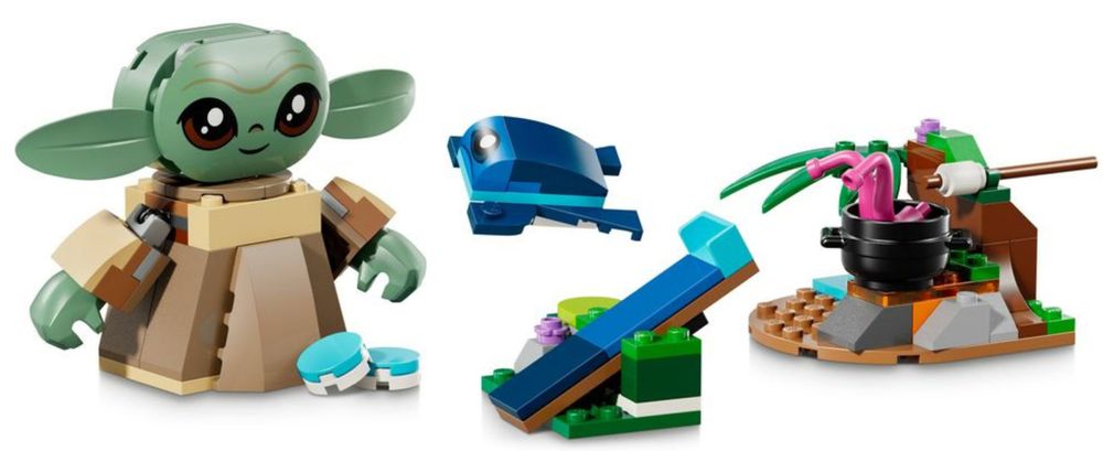 Photo d'un ensemble LEGO destiné aux jeunes enfants. On y voit le personnage de Grogu à gauche ainsi que des éléments de décor et/ou action à droite.