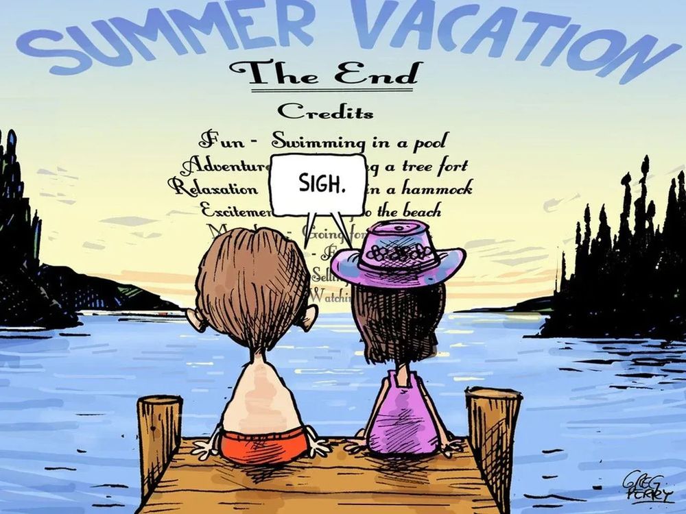 Picture of two kids sighing on the end of a dock with feet in water looking at a lake. Words in Sky say Summer Vacation. The End. With some credits (partially hidden) rolling like a movie. 'Fun - swimming in a pool. Adventure - Building a tree fort. Relaxation - Lying in a hammock. Excitement...'
