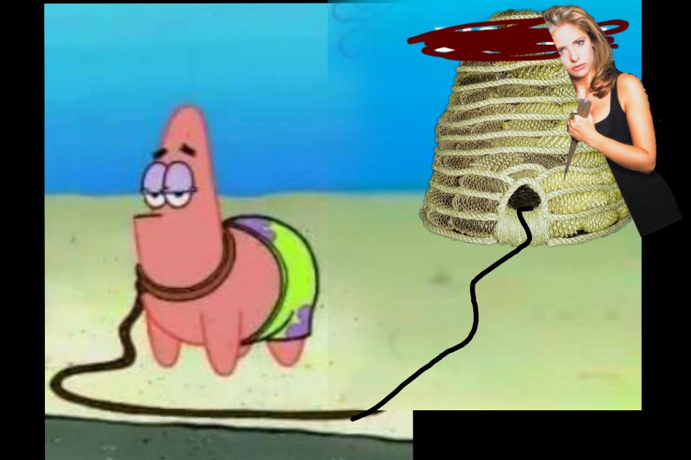 The leash is going inside the hive but it's totally not big hive anymore (thats scratched out) and look buffy the vampire slayer was right there hiding behind the hive she's popping out to say hi