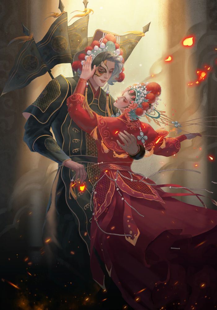 Art of Qin Zheng and Zetian in the same pose as the previous pic but now dressed in Peking opera outfits