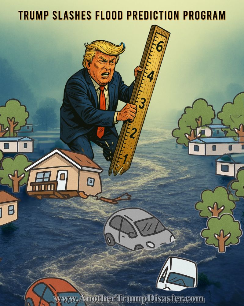Trump in a flood zone with a ruler.