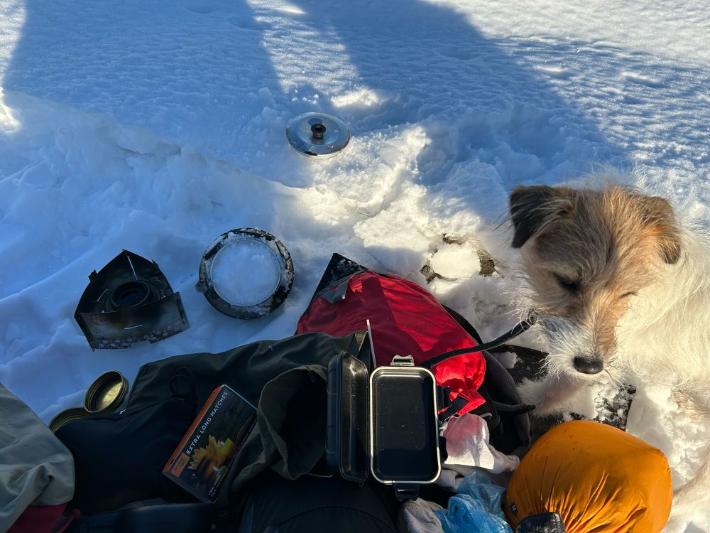 Spirit stove, snow in kettle and Jack Russell Terrier 