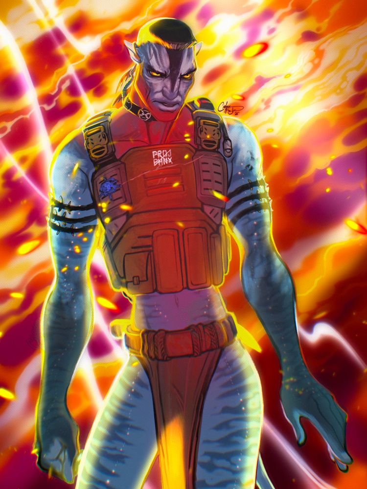 An illustration of Quaritch in Mangkwan Paint and regalia. He stands with a wide stance and shoulders broad with either hand down at his side as if he's about to take a step forward. Behind him is an abstract painting of yellow, orange, red, and maroon fire with streams of energy flowing behind him. His face is dark, brow heavily furrowed and his mouth wrapped up in a sneer - his expression is one of hatred. He still wears his military combat vest which is illuminated a haunting, glowing red from light cast upon him from offscreen.