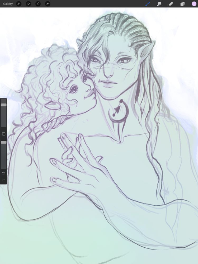 A 15-20 minute warm up sketch of ocs Edie and Teague. Edie cuddles up to Teague’s back and nuzzles against their cheek. They look back and down at Edie as their hands touch.