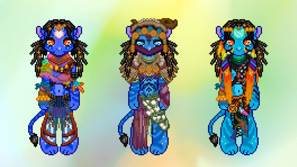 Three pixelated na'vi characters wearing various garb over a shimmering, pastel rainbow background. Each of them have loc'ed pigtails with golden charms on t hem.

The na'vi on the far left has a purple complexion and is wearing soft purple and pink rainbow hues. The shawl that wraps assymetrically over their shoulders is especially rainbow-like.

The middle na'vi has a dusty blue complexion and wears desaturated pink, green, and tan hues. Their chest and head garb is elaborate with lots of ends, and they have shells along their hips.

The far right na'vi has a vibrant turquoise complexion and wears equally bright, warm, and vibrant gear. Along their shoulders rests a long and flowing frock, orange, red, and violet in  hue.