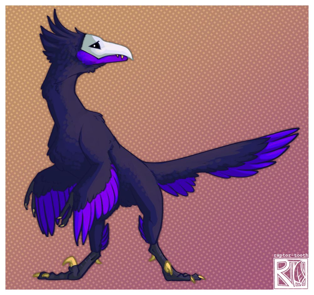 A purple raptor looking right with a white mask over a dotted gradient background.