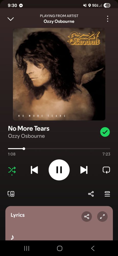 The post is a sad, resigned emoji, the pic is Spotify playing No More Tears by Ozzie Osbourne