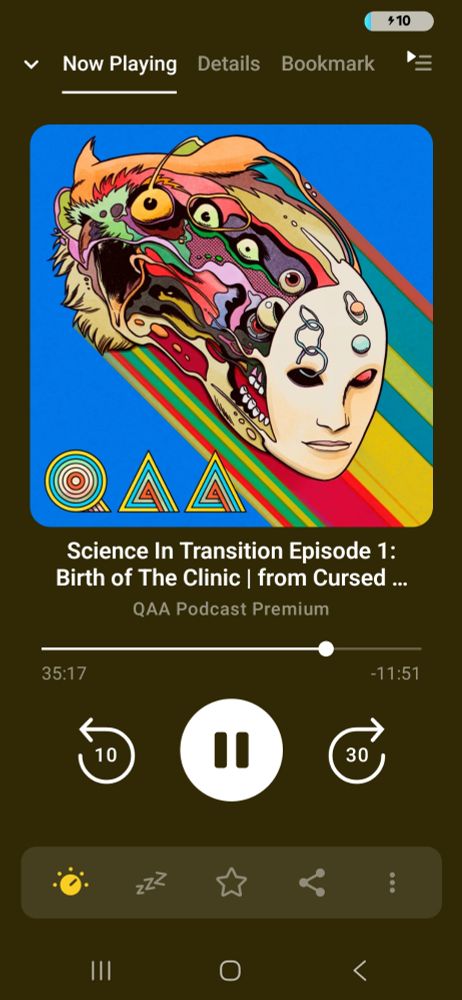 A podcast app displays science in transition ep 1. It's 35 min into the episode.