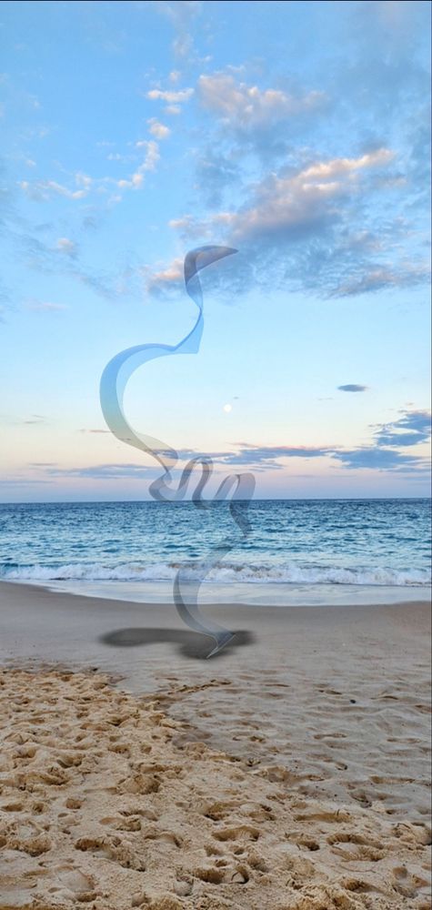 A clear "glass" 3d digital sculpture, tall, vertical and curvy, against the fading clear blue sky of sunset time, on a beach with the sea behind. The moon is rising in the distance. A shadow of the sculpture is at its foot on the sand