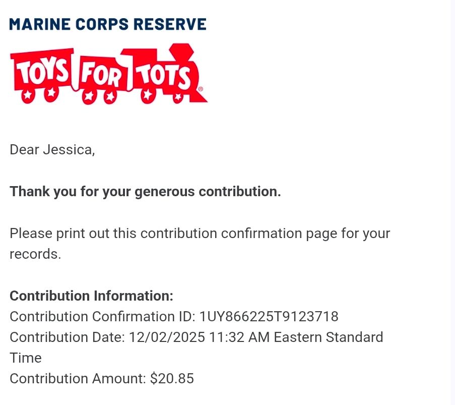 Donation receipt from Toys for Tots