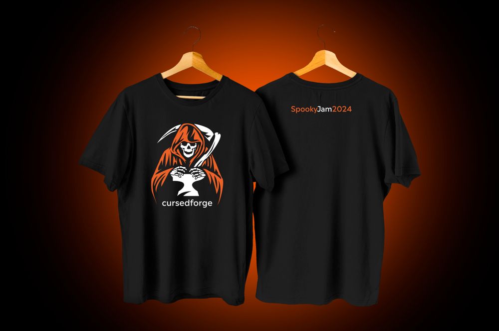 A limited edition CurseForge T-Shirt for SpookyJam 2024. This is part of the Cursed Forge line of designs.