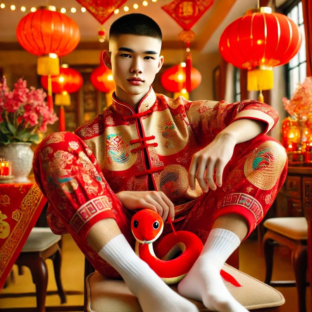 An Asian handsome gay guy wears a pair of white socks and sits on a chair with legs crossed. The atmosphere is the Spring Festival which most of decorations are red. 