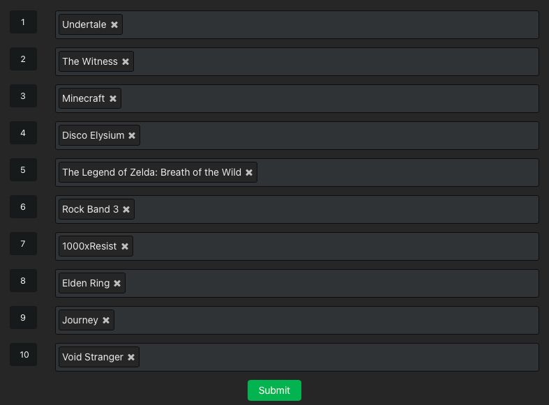 1. Undertale
2. The Witness
3. Minecraft
4. Disco Elysium
5. The Legend of Zelda: Breath of the Wild
6. Rock Band 3
7. 1000xRESIST
8. Elden Ring
9. Journey
10. Void Stranger