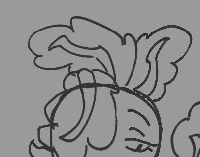 An unfinished sketch on a grey background. Cain is a beet with one broken leaf covering her left eye. She is looking down at someone off-camera with a pleased expression.