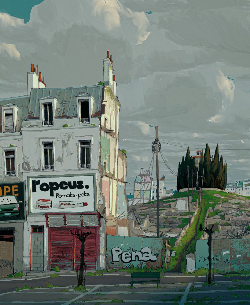 Weathered, half demolished buildings stand on an empty street, their walls marked by peeling paint and graffiti. A path cuts through rubble and overgrown grass, leading to a small hill crowned by cypress trees and a solitary building in the distance. The  sky is muted and heavy with clouds.

