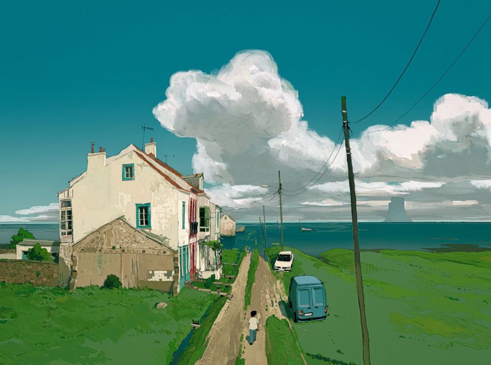 A narrow dirt road winds between weathered seaside houses and green fields, leading towards the encroaching ocean. The houses, with faded white walls and colorful window frames, face a vast horizon where the sea meets the sky. Power lines stretch along the road into the water, their poles leaning slightly with age. A parked van and car keep company to a lone figure walking down the road. In the distance, a striking flat-topped tower rises from the water, framed by billowing clouds that dominate the immense turquoise sky.

