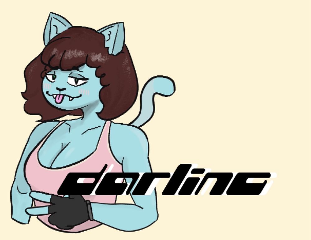 Waist up sketch of my sona, Darling the Cat, with a biege background and stylized text saying her name.