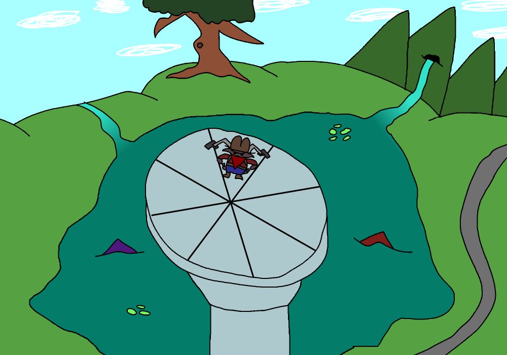 A lalafel dressed as a cowboy reaching for their two holstered pistols. On their back is a mechanical structure holding two more pistols. They are on a large arena atop a pillar in a lake in Il Mheg.