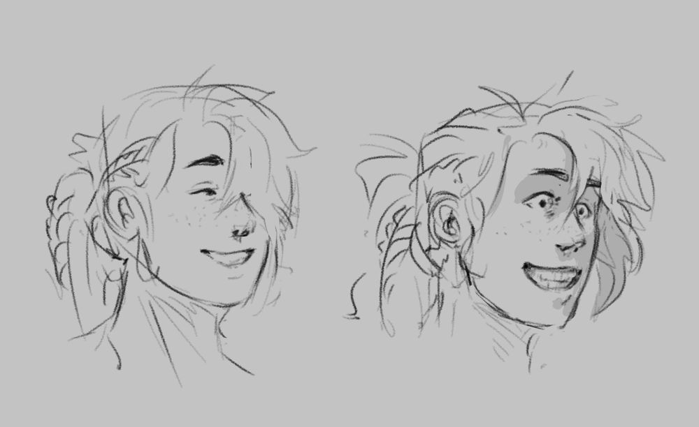 two sketches of phrecius's face from the neck up. the left sketch is a pleasant award-winning grin. the right sketch is a terrible grimace. 