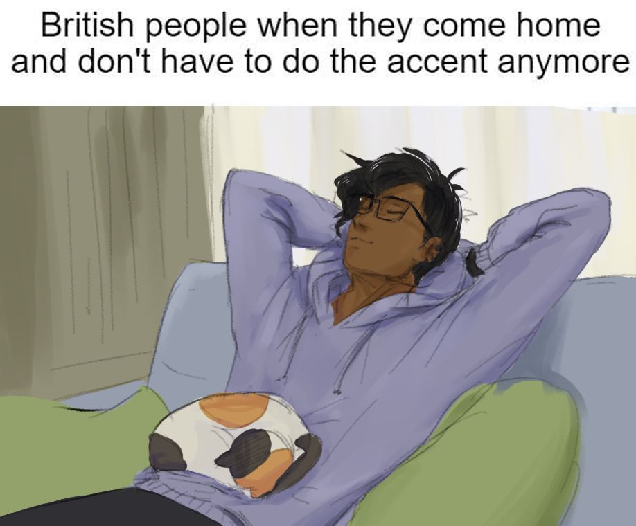 a meme redraw featuring vash reclining with his cat, reading "british peoplpe when they come home and don't have to do the accent anymore"