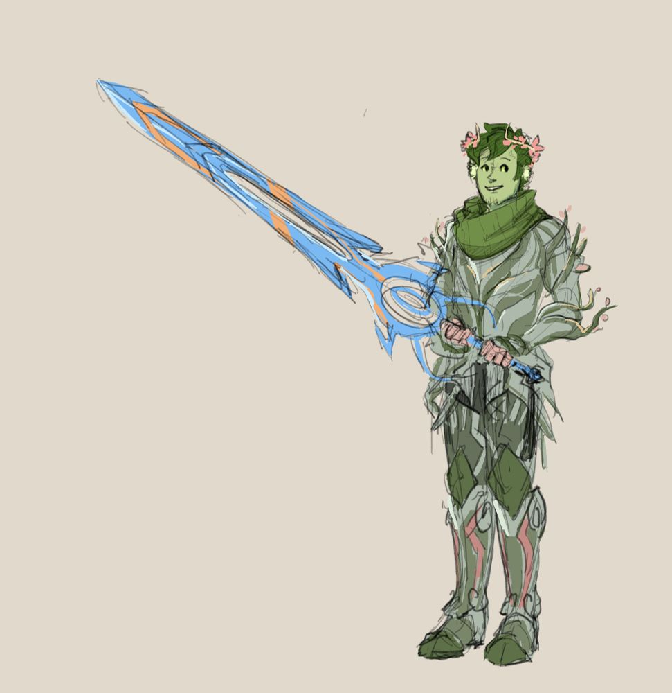 a colored full body sketch of my sylvari from guild wars 2, standing politely yet awkwardly with his humongous sword 