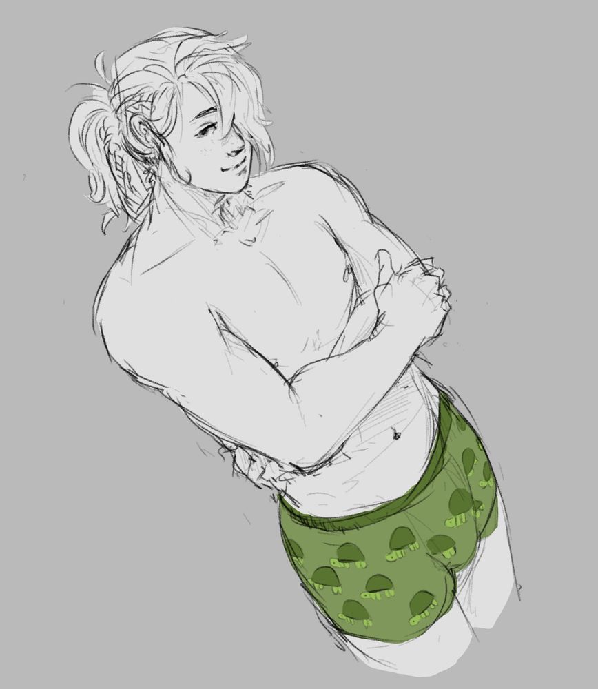 a sketch of phrecius from a high angle. he's wearing novelty print turtle boxer briefs. 