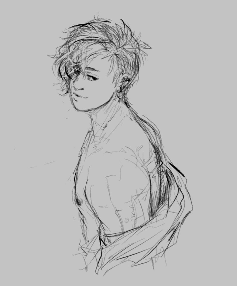 a sketch of vash (oc) looking back with a content smile, partially taking his shirt off