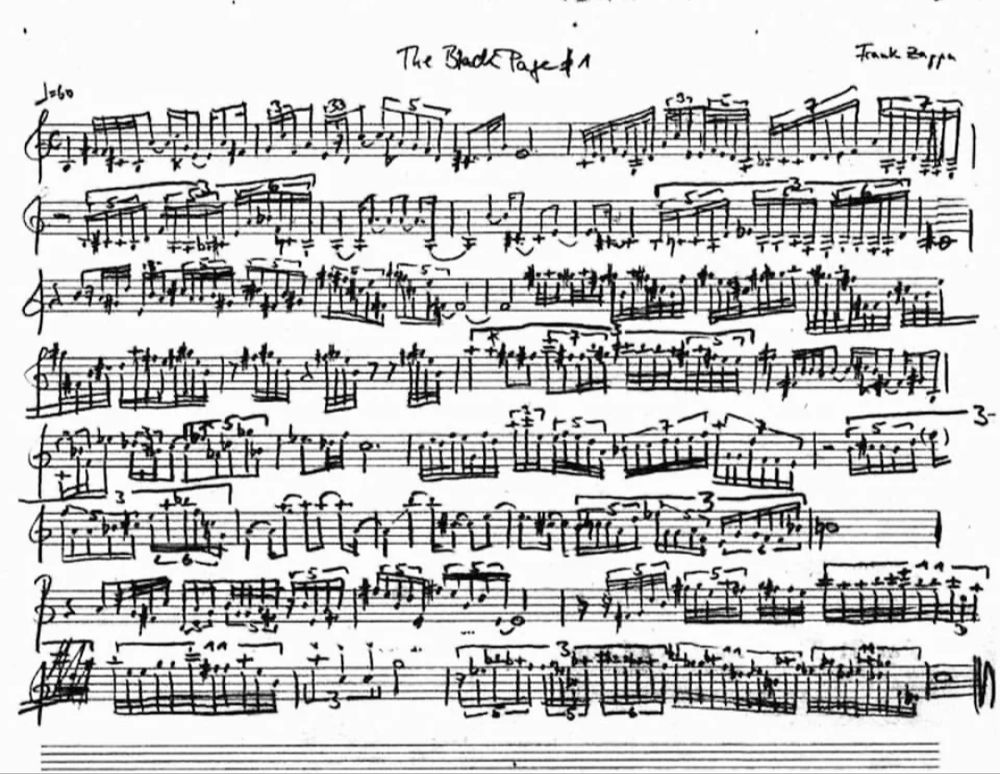 Highly complex and busy music notation with a lot of 32nd notes complex triplets Frank Zappa's composition the black page so named for its density and difficulty to play. 